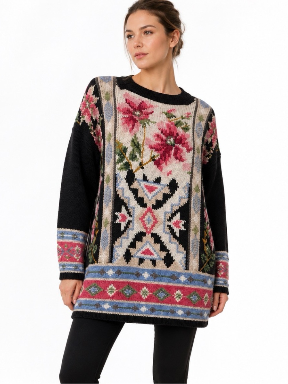 Vintage Floral Southwestern Aztec Intarsia Knit Sweater Tunic Oversized L/XL